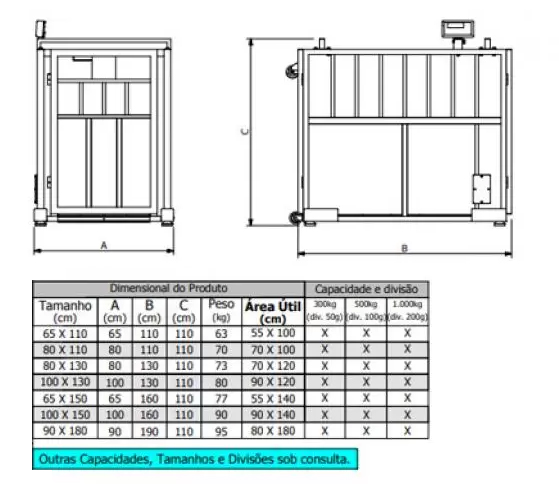 Dimensão - Balança Para Caprino e Suíno Modelo B 650/G Com Gradil Aberto capacidade 300kg a 500kg
