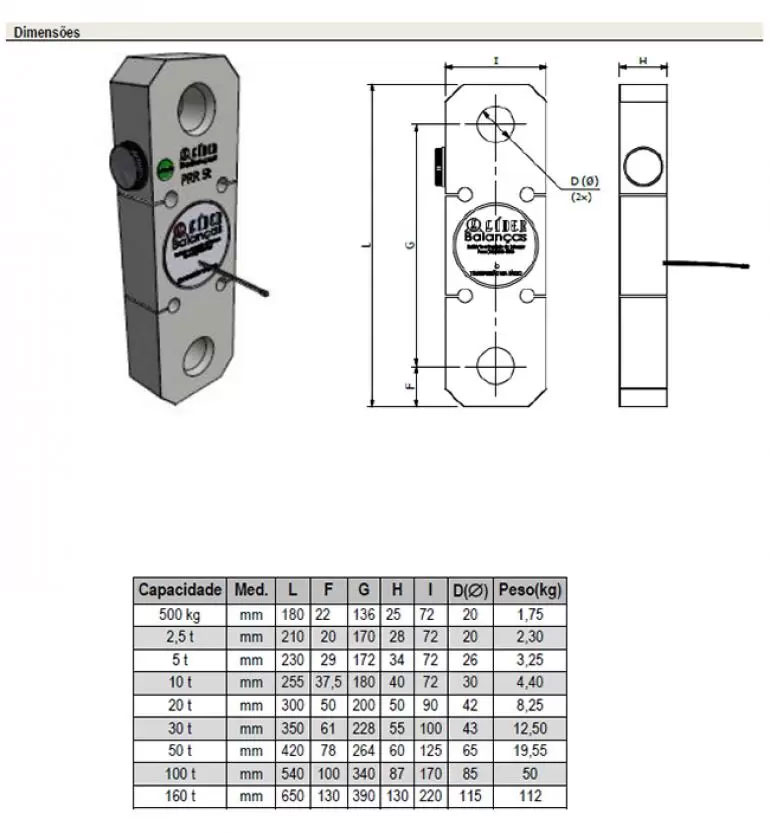 Dimensão - Balança Suspensa / Dinamômetro 1050G Com Indicador Digital capacidade 500kg a 100t