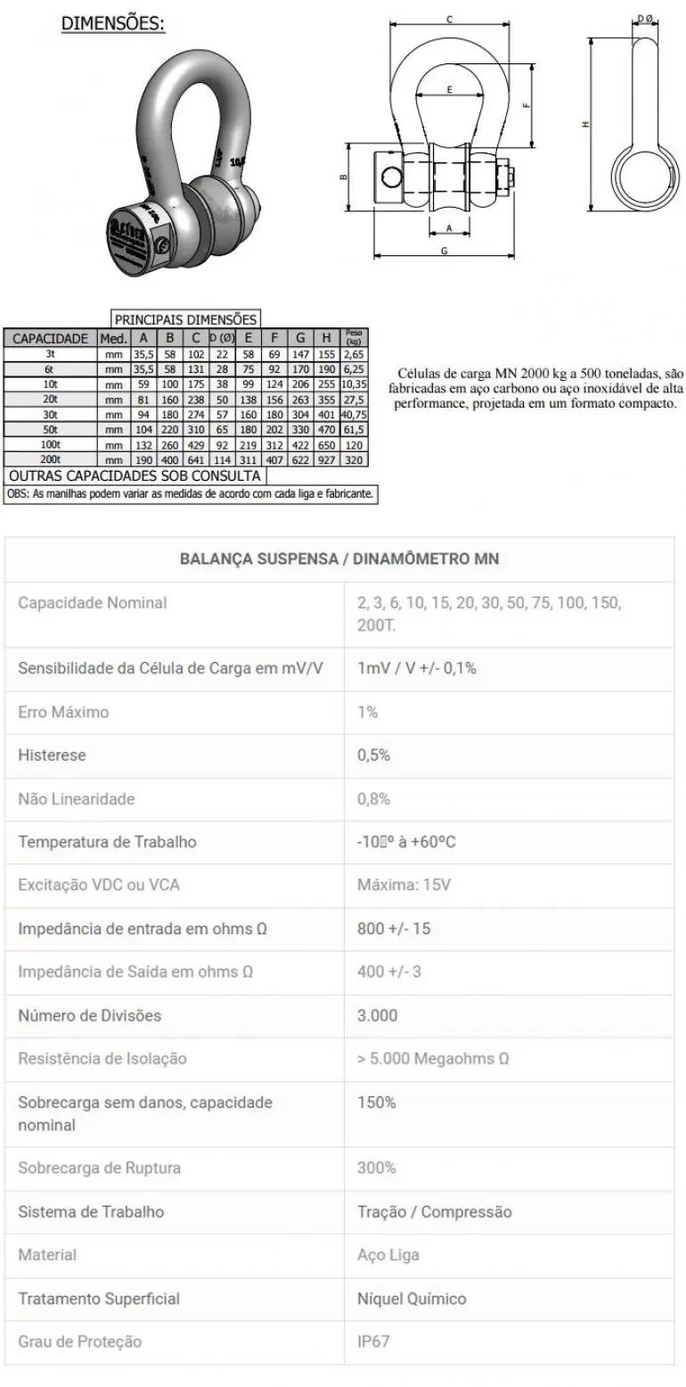 Dimensão - Balança Suspensa / Dinamômetro MN capacidade 3t a 200t