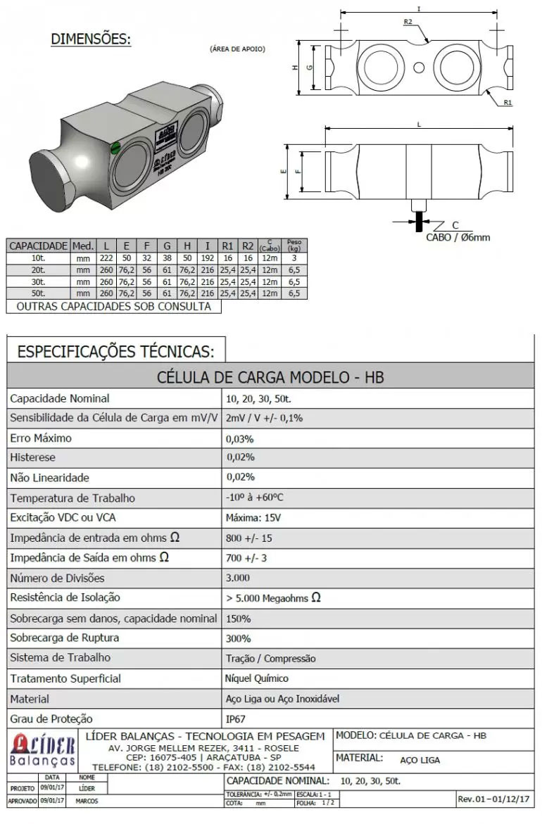 Dimensão - Célula de Carga HB capacidade 10t a 50t