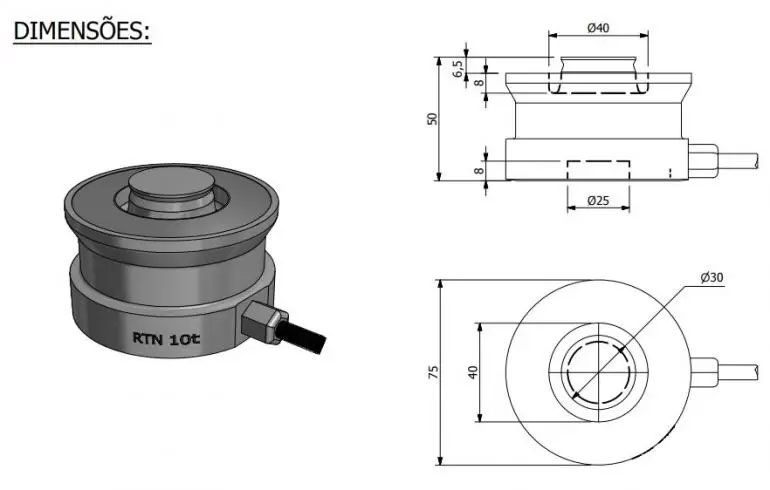 Dimensão - Célula de Carga RTN capacidade 10t