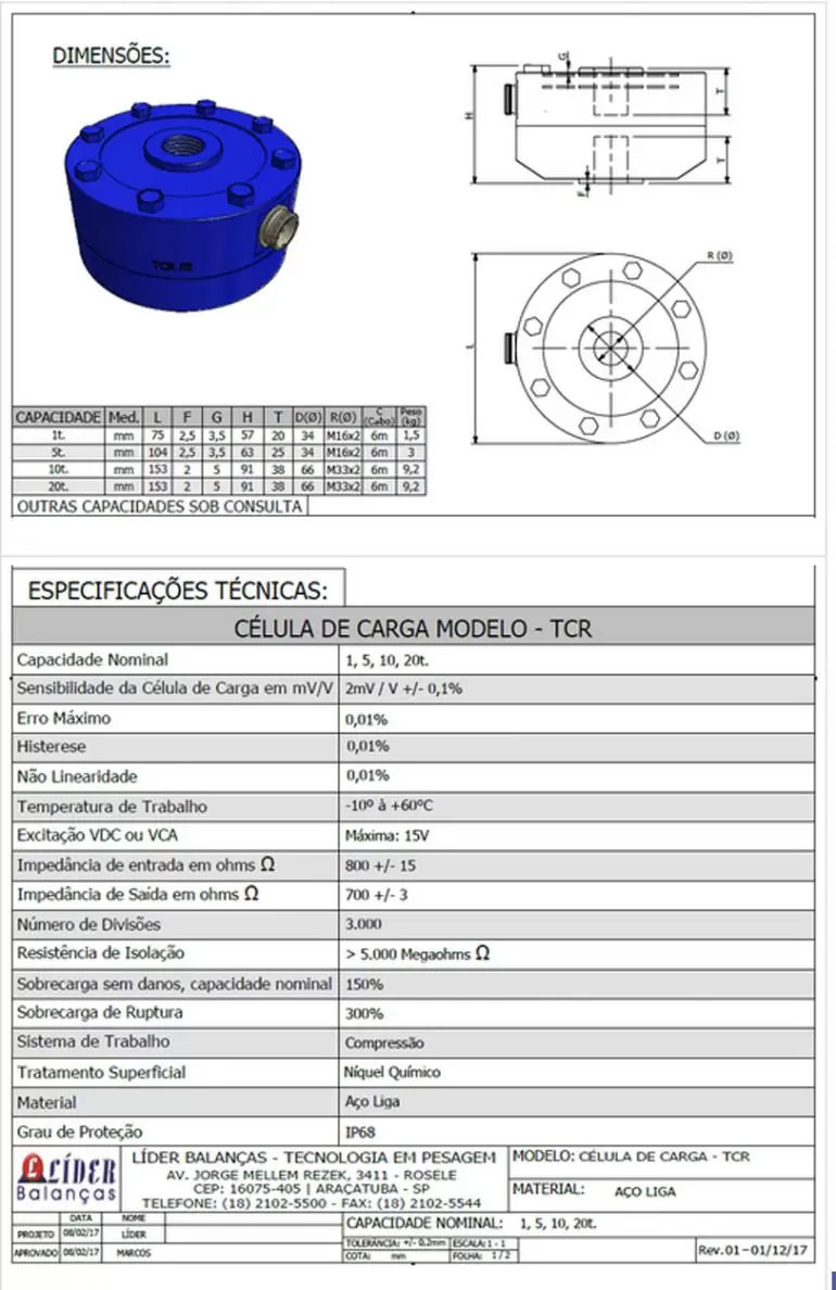 Dimensão - Célula de Carga TCR capacidade 1t a 20t