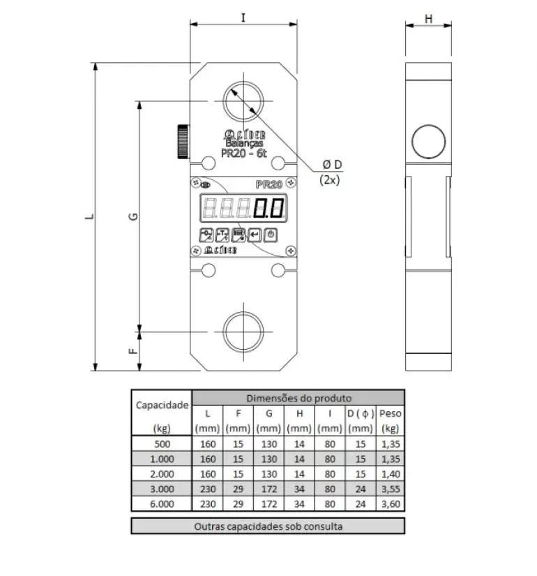 Dimensão - Balança Suspensa / Dinamômetro PR20 capacidade 500kg a 6t